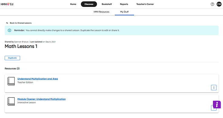 Shared Custom Lesson page opened to show resources in lesson