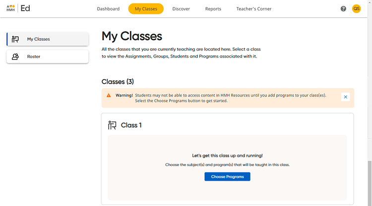 My Classes page showing a class with no programs selected