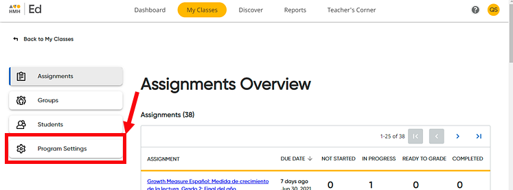 Assignments Page with Program Settings Link selected