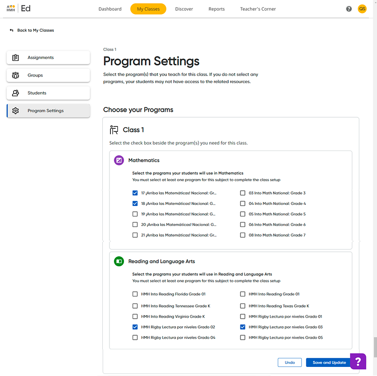 Program Settings page with some programs selected