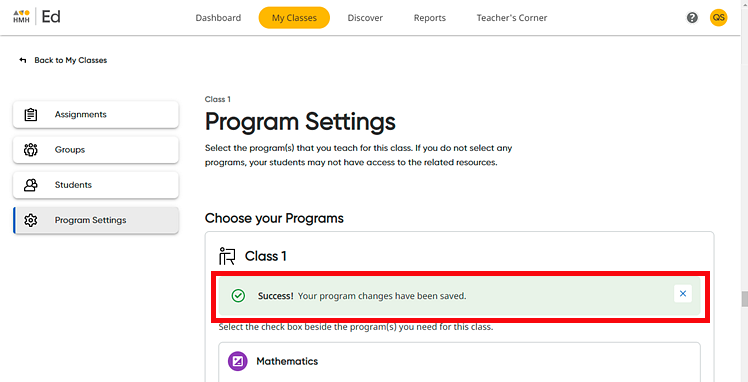 Program Settings page with Success message