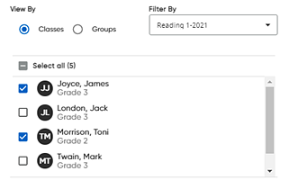 Create Assignment dialog box showing all but two students selected for a class