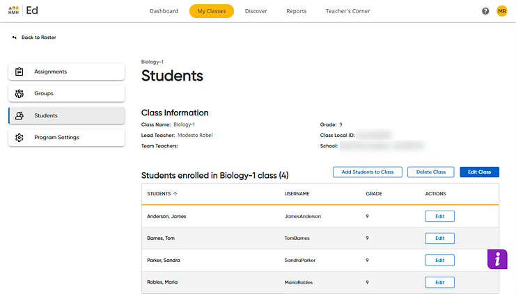 Class information page