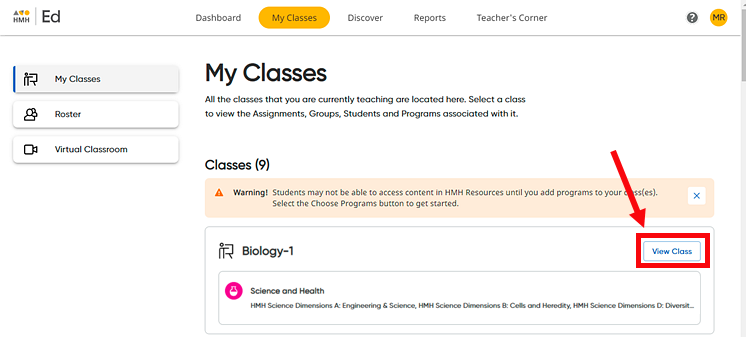 My Classes page with View Class button pointed out My Classes page with View Class button pointed out