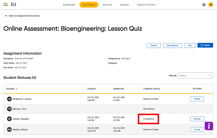 Assignment Information page with manual grading of one student completed Assignment Information page with manual grading of one student completed