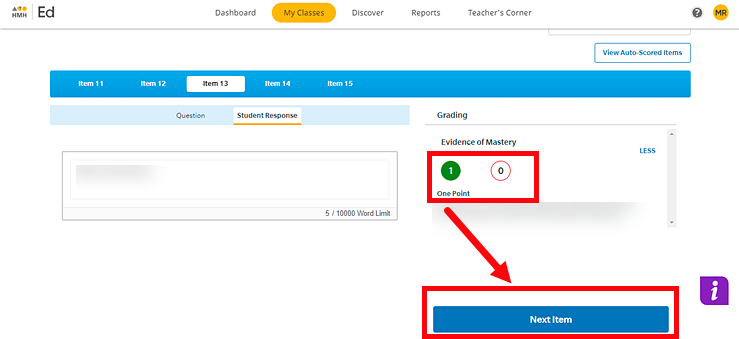 Manual scoring page with score and Next Item button pointed out Manual scoring page with score and Next Item button pointed out