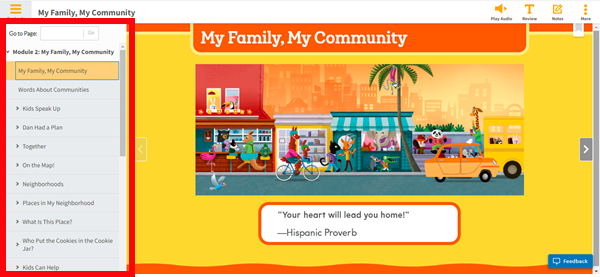 Student eBook showing the Contents panel