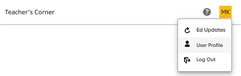 User menu showing User Profile selection User menu showing User Profile selection