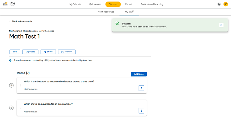 My Assessment page for newly saved assessment