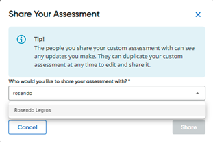Share Your Assessment dialog box with a name typed in the field Share Your Assessment dialog box with a name typed in the field