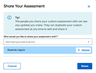 Share Your Assessment dialog box with a name selected Share Your Assessment dialog box with a name selected