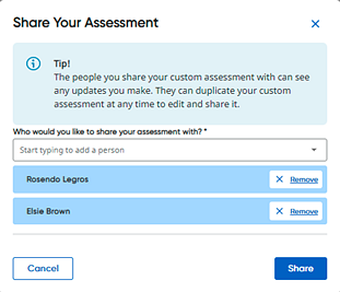 Share Your Assessment dialog box with two names listed Share Your Assessment dialog box with two names listed