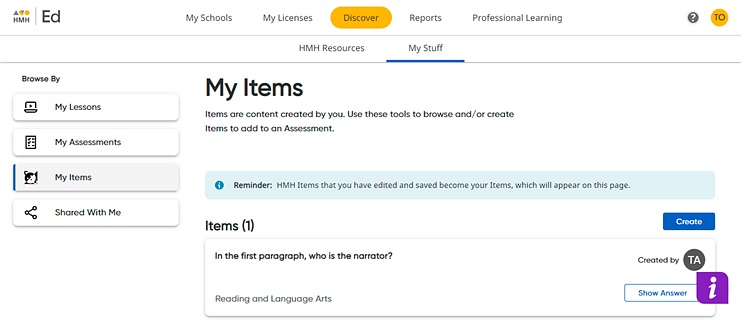 My Items page showing list of created items My Items page showing list of created items