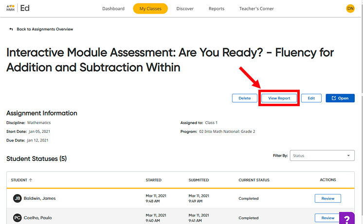 Assignments Details page with View Report button highlighted