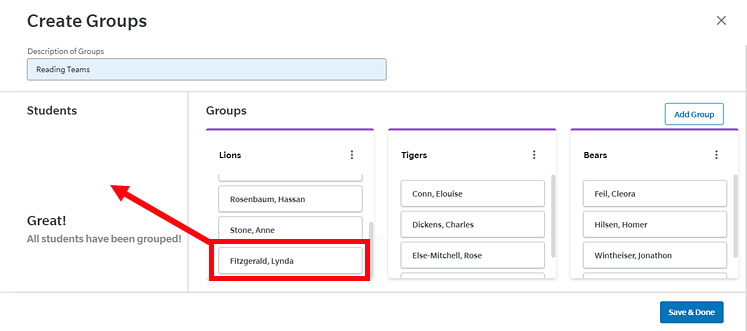 Drag student name icon to remove student from group
