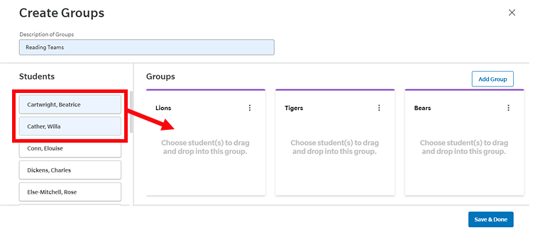 Drag student name icons to move students to a group