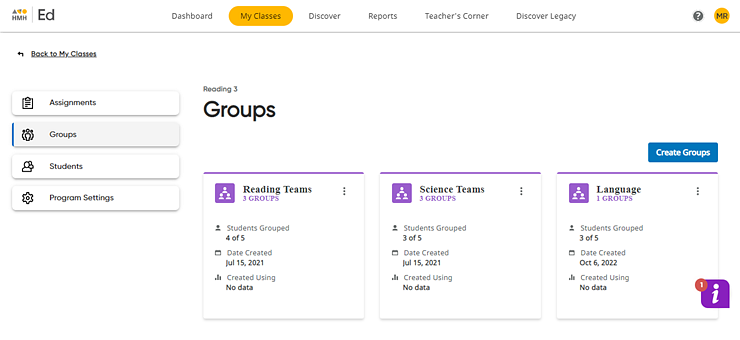Groups page with new group card identified