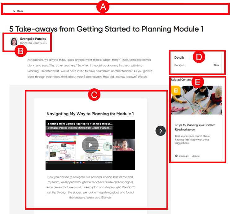 Professional Learning Resource page with letters identifying areas of the page