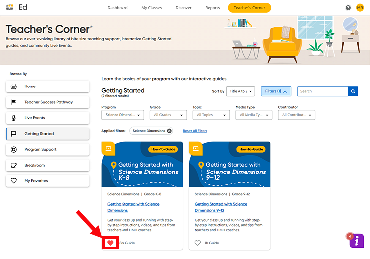 Teacher's Corner page with the favorite icon selected for a resource Teacher's Corner page with the favorite icon selected for a resource