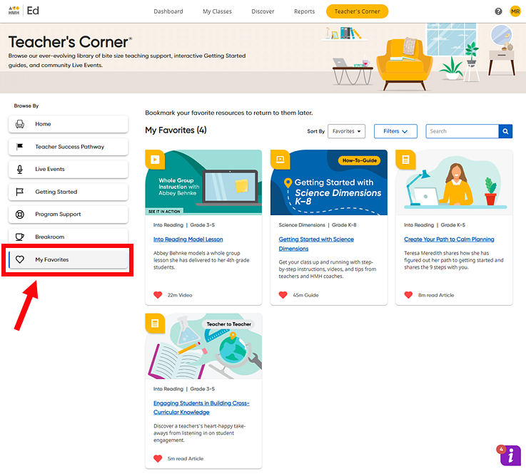 My Favorites page with two resources listed My Favorites page with two resources listed