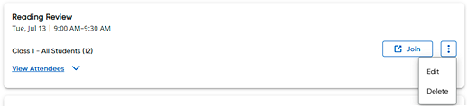 Virtual Classroom list showing Delete option Virtual Classroom list showing Delete option