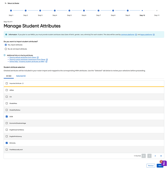 Manage Student Attributes page