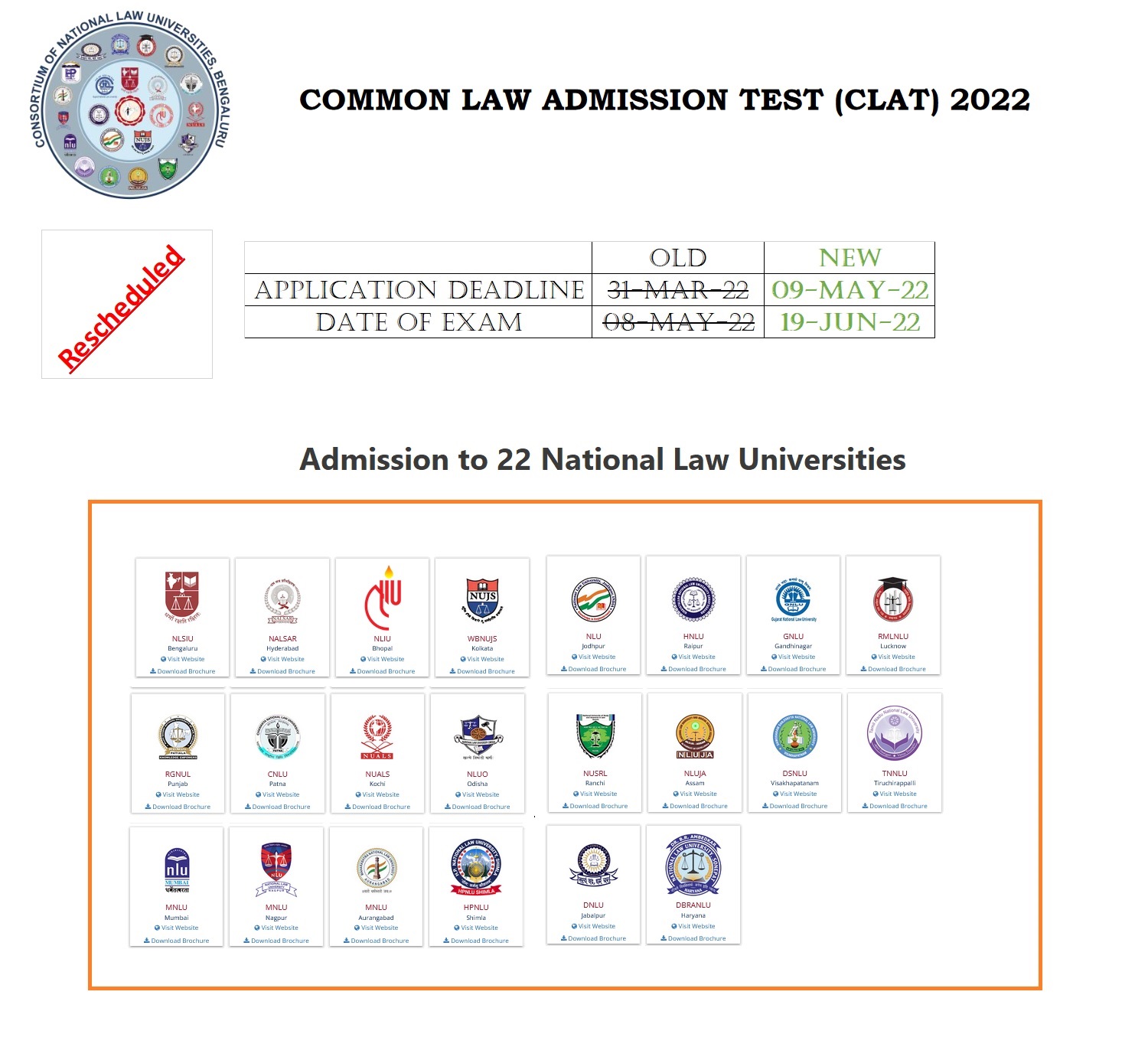 CLAT-2022 Rescheduled