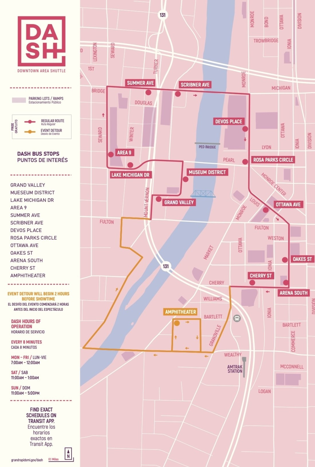 The event route (orange route in the map) will run from 2 hours before Amphitheater showtimes until the routes regular end time.