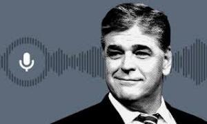 black and white image of Sean Hannity; clip art microphone; image of audio waves