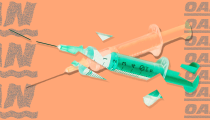 A stylized graphic of two hypodermic needles breaking apart, flanked by partially translucent OAN logos on either side, all against an orange background.  