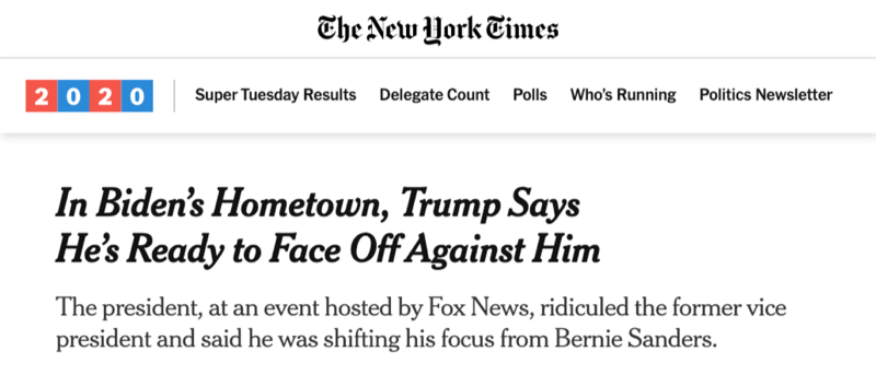 The New York Times: "In Biden's Hometown, Trump Says He's Ready to Face Off Against Him"