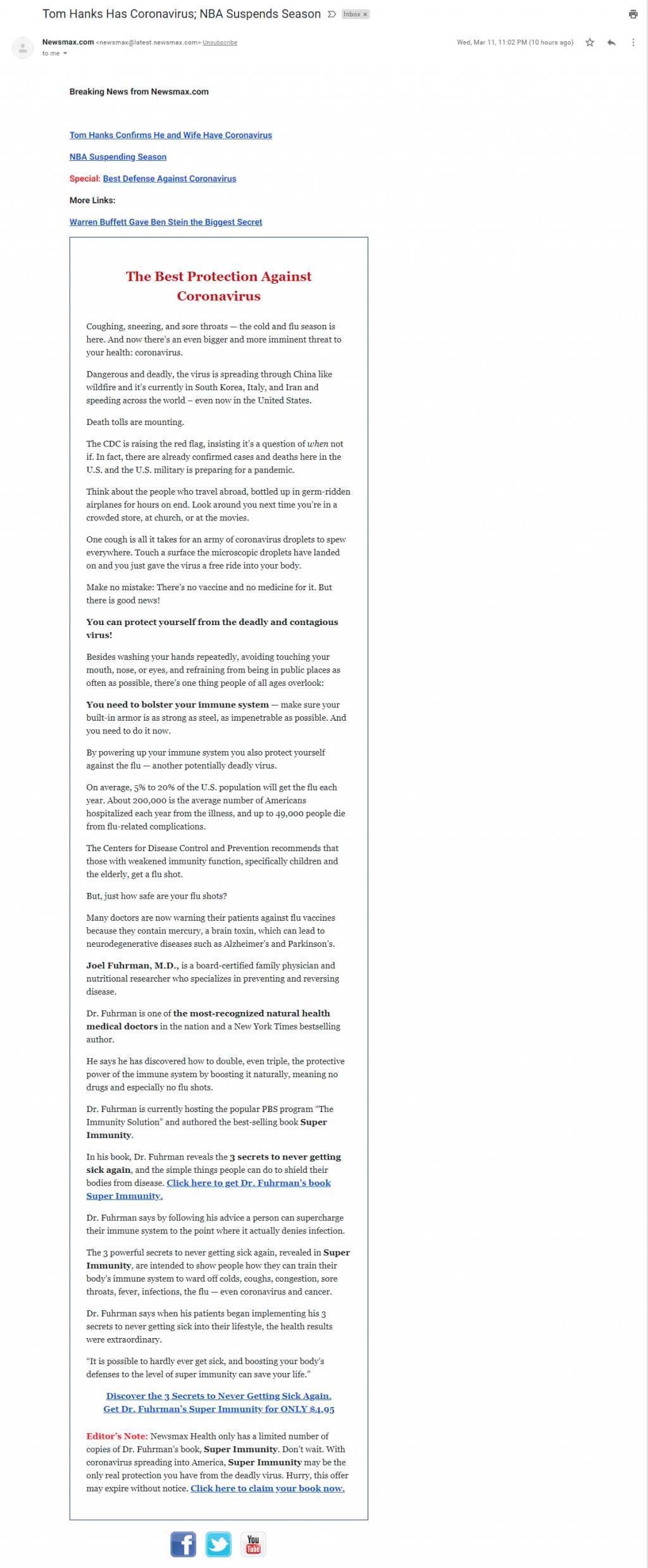 Newsmax's “the Best Protection Against Coronavirus” email March 11