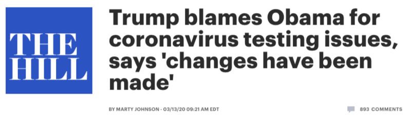 The Hill: "Trump blames Obama for coronavirus testing issues, says 'changes have been made'"
