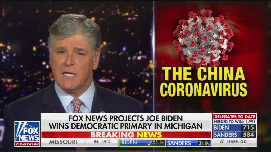 Hannity next to a graphic reading "the China Coronavirus"