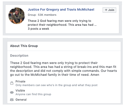 A Facebook group titled “Justice for Gregory and Travis McMichael”