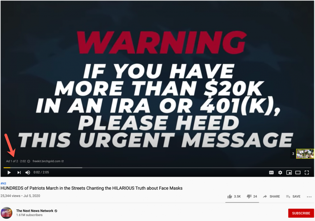The Next News Network mask YouTube video ads