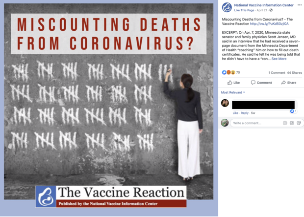 NVIC spreads coronavirus misinformation on Facebook