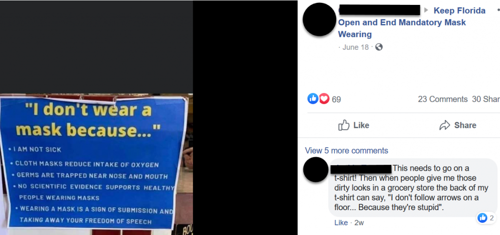 Keep Florida Open and End Mandatory Mask Wearing Facebook post screenshot 1