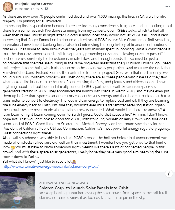 Marjorie Taylor Greene conspiracy theory about the Camp Fire