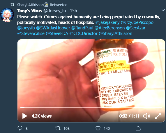 "Please watch. Crimes against humanity are being perpetrated by cowardly, politically motivated, heads of hospitals."