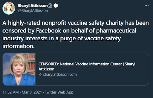 Sharyl Attkisson: "A highly-rated nonprofit vaccine safety charity has been censored by Facebook on behalf of pharmaceutical industry interests in a purge of vaccine safety information."