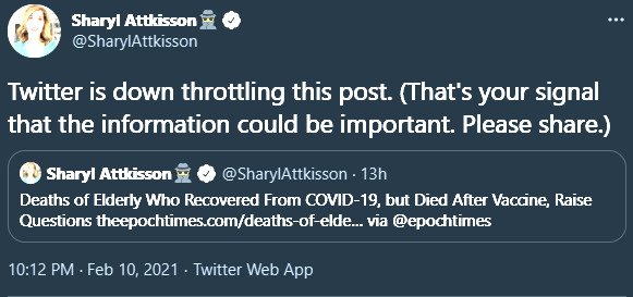 Sharyl Attkisson: "Twitter is down throttling this post. (That's your signal that the information could be important. Please share.)
