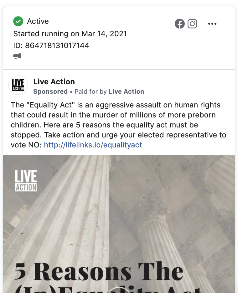 Live Action Equality Act FB ads 3.16.21