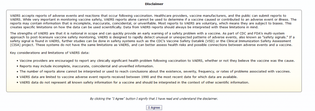 VAERS download disclaimer