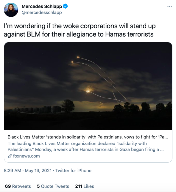 Mercedes Schlapp tweeting "I’m wondering if the woke corporations will stand up against BLM for their allegiance to Hamas terrorists"