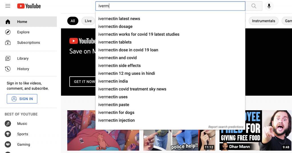 Screenshot of YouTube's search engine recommending covid and ivermectin