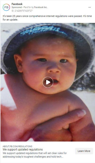 A Facebook ad stating "It’s been 25 years since comprehensive internet regulations were passed. It’s time for an update."