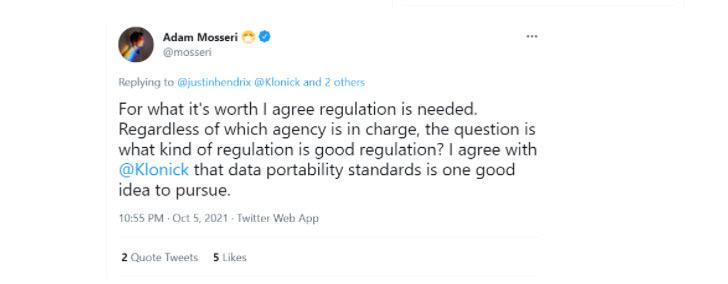 A tweet from Adam Mosseri about internet regulation