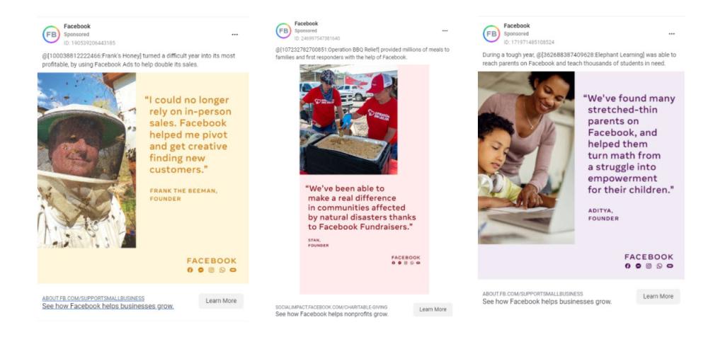 Three Facebook ads about how the platform has helped people