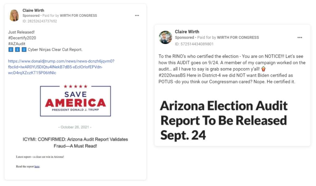Two ads from Wirth pushing election fraud misinformation